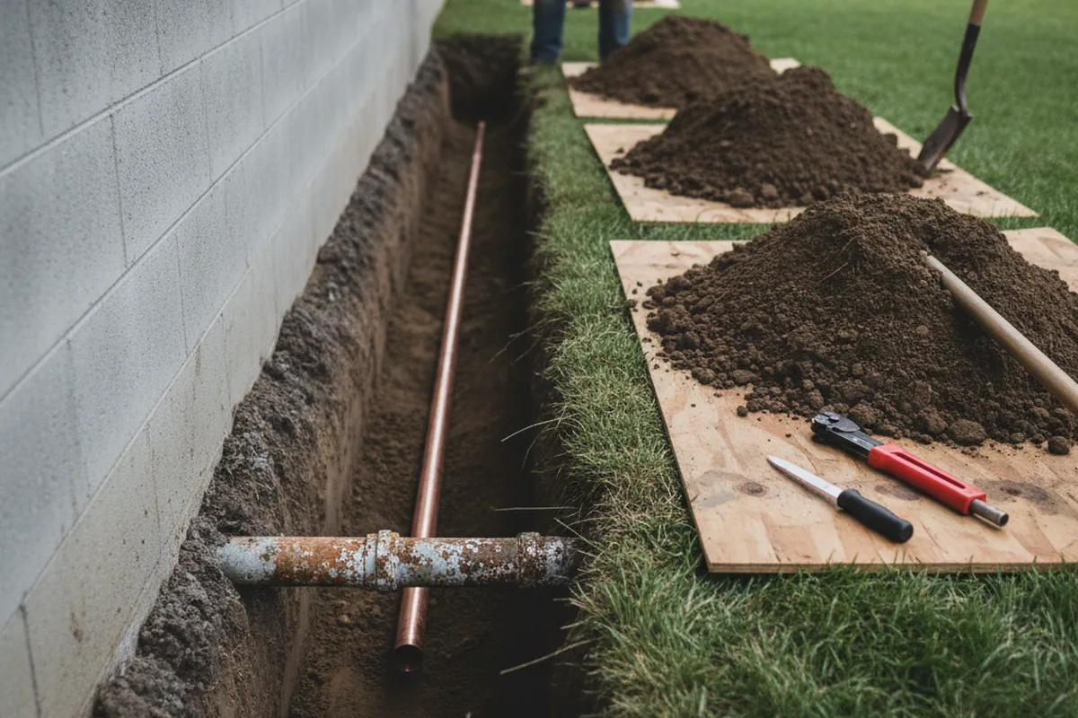 Excavated water line trench during Sewer Line Repair in Southfield